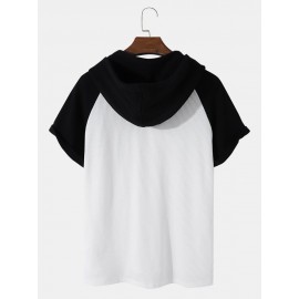 Mens Ribbed Knit Patchwork High Low Preppy Raglan Sleeve Hooded T-Shirts