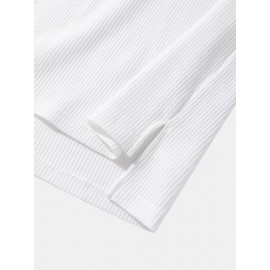 Mens Ribbed Knit Patchwork High Low Preppy Raglan Sleeve Hooded T-Shirts