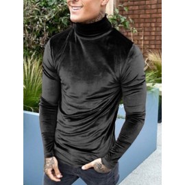 Men Suede High Neck Long Sleeve T-Shirt