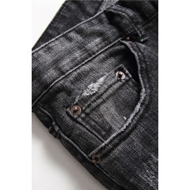 Men's Washed Pattern Patchwork Buttons Distressed Jeans
