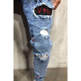 Men's Embroidered Ripped Jeans