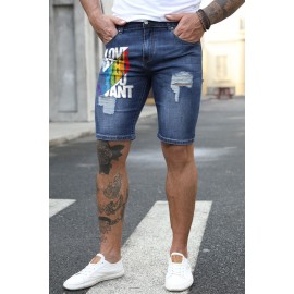 Blue Love Who You Want Print Men's Ripped Short Jeans