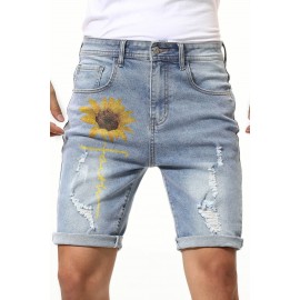 Sky Blue Sunflower Faith Print Ripped Bermuda Denim Shorts