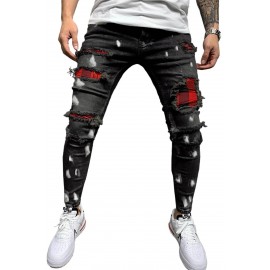 Black Plaid Patchwork Distressed Slim-fit Men's Jeans