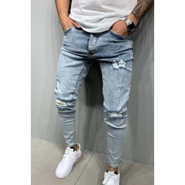 Men's Blue Washed Distressed Slim-fit Jeans