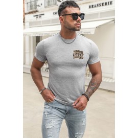 Gray Men's Crew Neck T-shirt with Leopard Letters Print