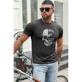 Gray Never Give Up Skull Print Slim Fit Men's Graphic T Shirt