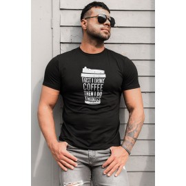 Black Men's Letter Coffee Cup Print Slim-fit Crewneck T Shirt