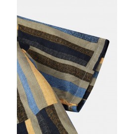 Mens Striped Color Block Lapel Short Sleeve Regular Hem Shirt