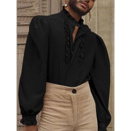 Mens Puff Sleeve Ruffle Neck Button Shirt