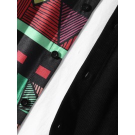 Mens Contrast Patchwork Geometric Pattern Embroidered Corduroy Long Sleeve Shirts