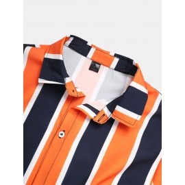 Mens Holiday Wide Striped Button Up Short Sleeve Shirts