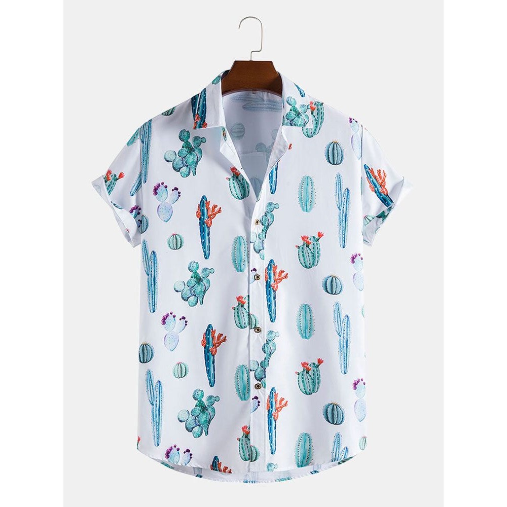 Mens All Over Cactus Pattern Lapel Short Sleeve White Shirt