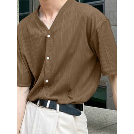 Mens Striped Texture V-Neck Short Sleeved Shirt