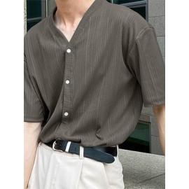 Mens Striped Texture V-Neck Short Sleeved Shirt